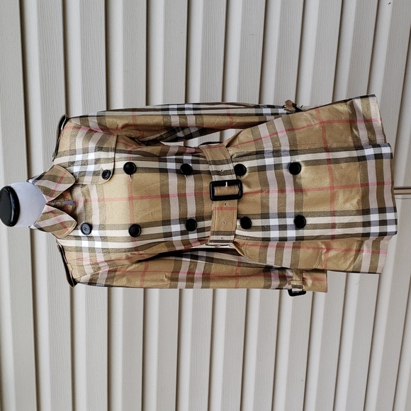 BURBERRY GOLD SHIMMER METALLIC CHECK PLAID TRENCH COAT - Picture 3 of 16